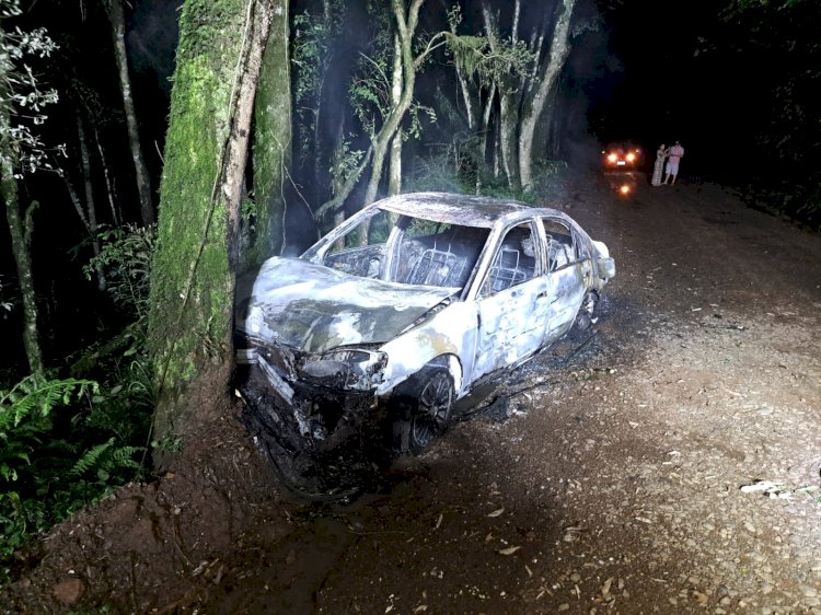 VEÍCULO PEGA FOGO APÓS DERRAPAR E COLIDIR EM ÁRVORE